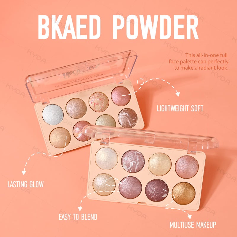 KYDA 8 Colors Baked Powder Palette, Mulitiuse Baked Powder for Eyeshadow Highlighter Contour, Lightweight Blendable, Buildable Glossy Color, Golden Luster - Image 2