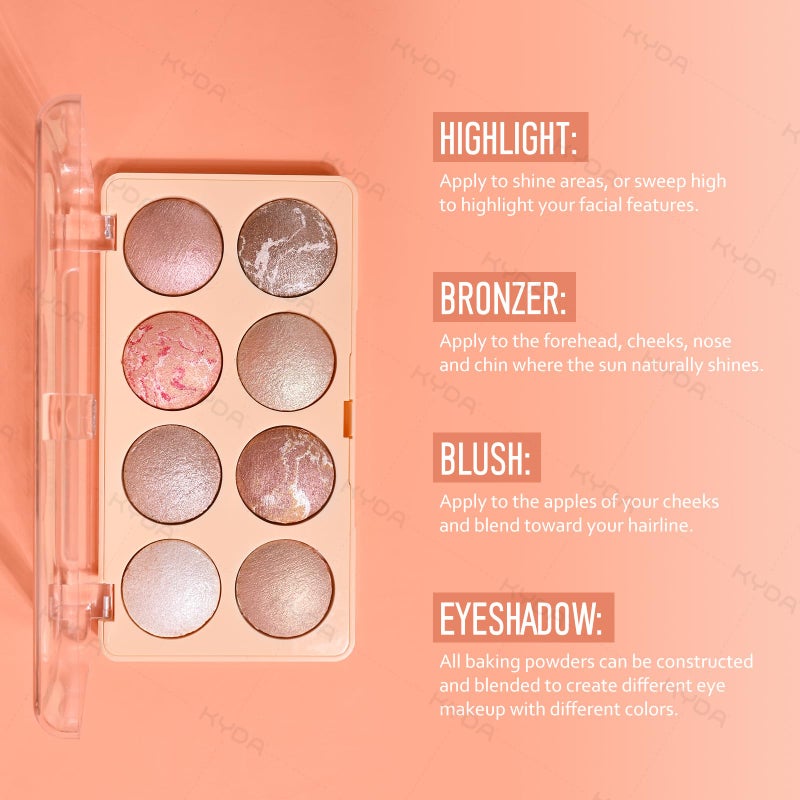 KYDA 8 Colors Baked Powder Palette, Mulitiuse Baked Powder for Eyeshadow Highlighter Contour, Lightweight Blendable, Buildable Glossy Color, Golden Luster - Image 4