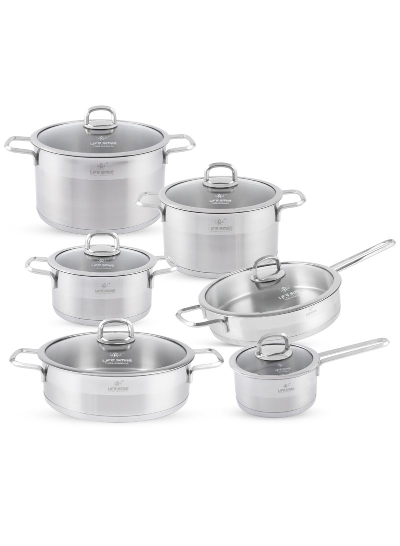 LIFE SMILE 12-Pcs Stainless Steel Cookware Set - 18/10 Premium Stainless Steel Pots and Pans Set - Cooking Pots Set - Steel Cookware Set includes 20/24/28cm Soup Pots with lid , 32cm Shallow pot with Lid ,32 cm Fry pan with Lid &16 cm Saucepan with Lid -Oven Safe Cookwares - Image 1