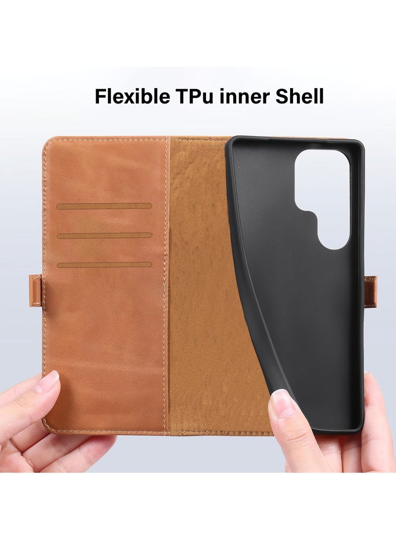 Mmmon Wallet Case for Samsung Galaxy S25 Ultra,PU Leather Case Magnetic Closure Handbag Zipper Pocket Case Kickstand Card Slots with Hand Strap Marple Flip Case for Samsung Galaxy S25 Ultra,Brown  - Image 2