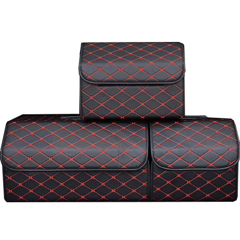PME Car Truck Organizer with Cover/Single Plastic Handle, Heavy Duty Waterproof PU Leather Portable Cargo Storage Box Seat Back Container Foldable Auto Car Backseat Organizer Classic Black - Size M - Image 1