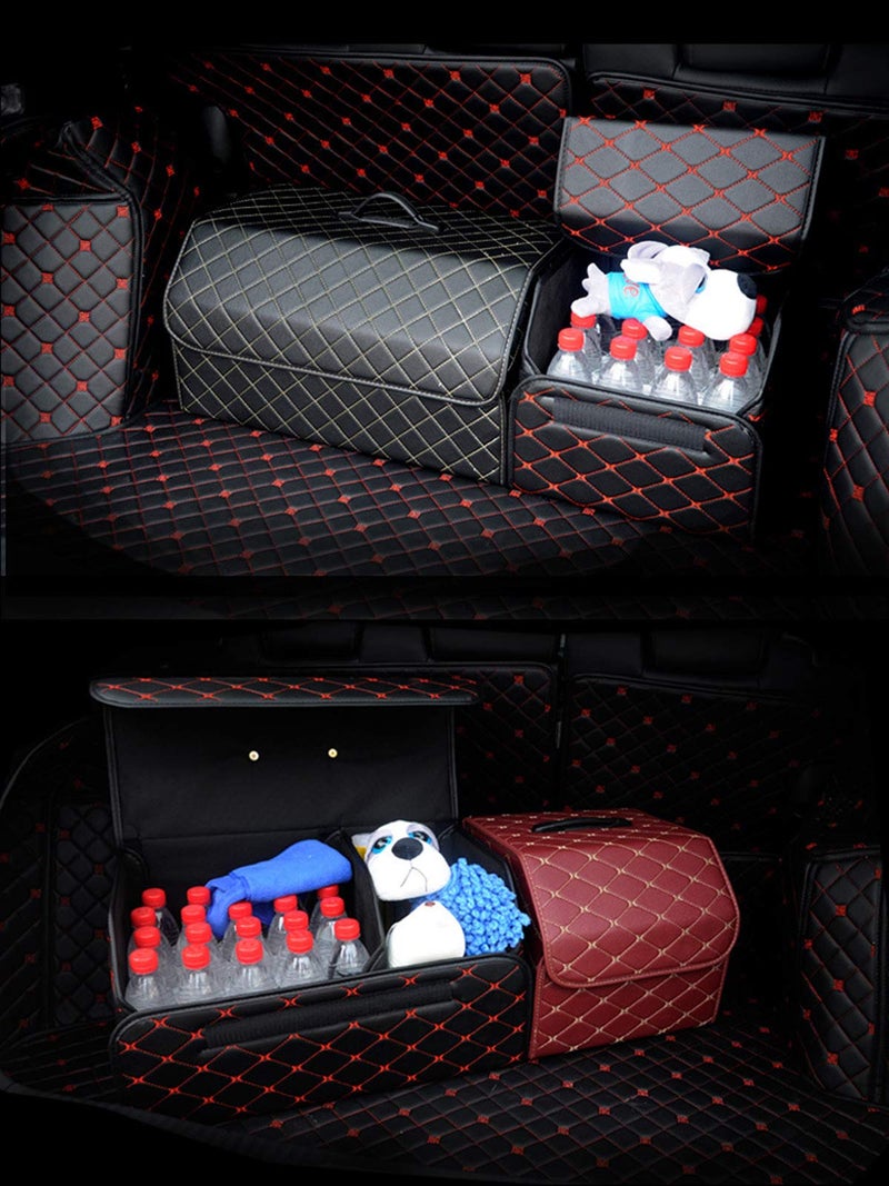 PME Car Truck Organizer with Cover/Single Plastic Handle, Heavy Duty Waterproof PU Leather Portable Cargo Storage Box Seat Back Container Foldable Auto Car Backseat Organizer Classic Black - Size M - Image 4