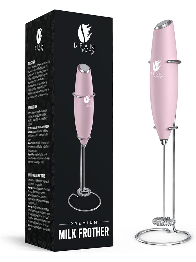 MILK FROTHER COFFEE STIRRERS FROTHER WAND MILK FROTHER HANDHELD FROTHER WITH STAND HAND BLENDER FOR COFFEE LATTES CAPPUCCINO MATCHA AND HOT CHOCOLATE KITCHEN GIFTS PINK