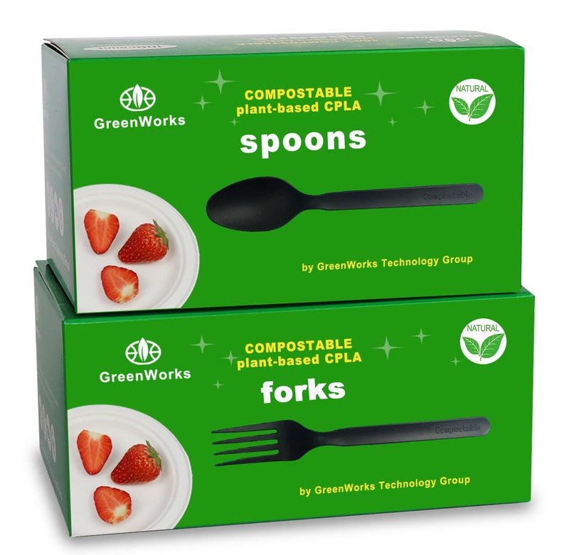 GreenWorks 200 Count Heavyduty Compostable 100 Forks and 100 Spoons BPI CertifiedLarge Cutlery SetAlternative to Plastic Utensils