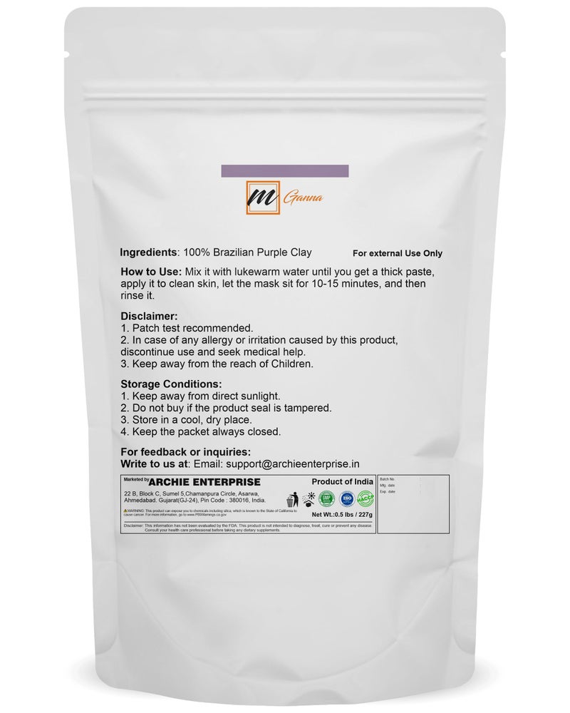 mGanna 100% Natural Brazilian Purple Clay Powder for Face packs, Creams and Soaps and other Cosmetic Formulations 0.5 lbs / 227 gms - Image 2