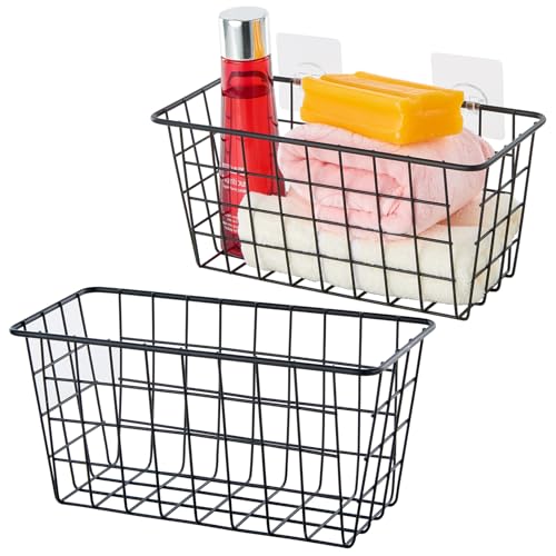 JUNCHU CHERRY 2 Pack Hanging Storage Basket, Bathroom Basket, Household Goods, with Traceless Tape, no Drilling, for Cabinet Storage, Kitchen, Bathroom, Storage Room,Black - Image 1