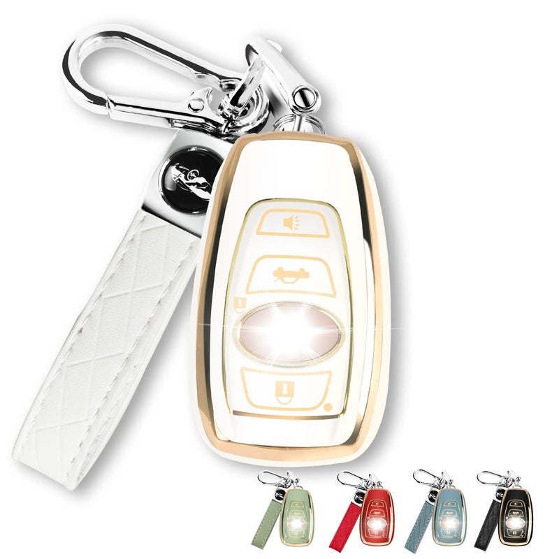 QBUC for Subaru Key Fob Cover Case with Genuine Leather Keychain for Subaru Forester CrossTrek Ascent Outback Legacy WRX etc, White, S - Image 1