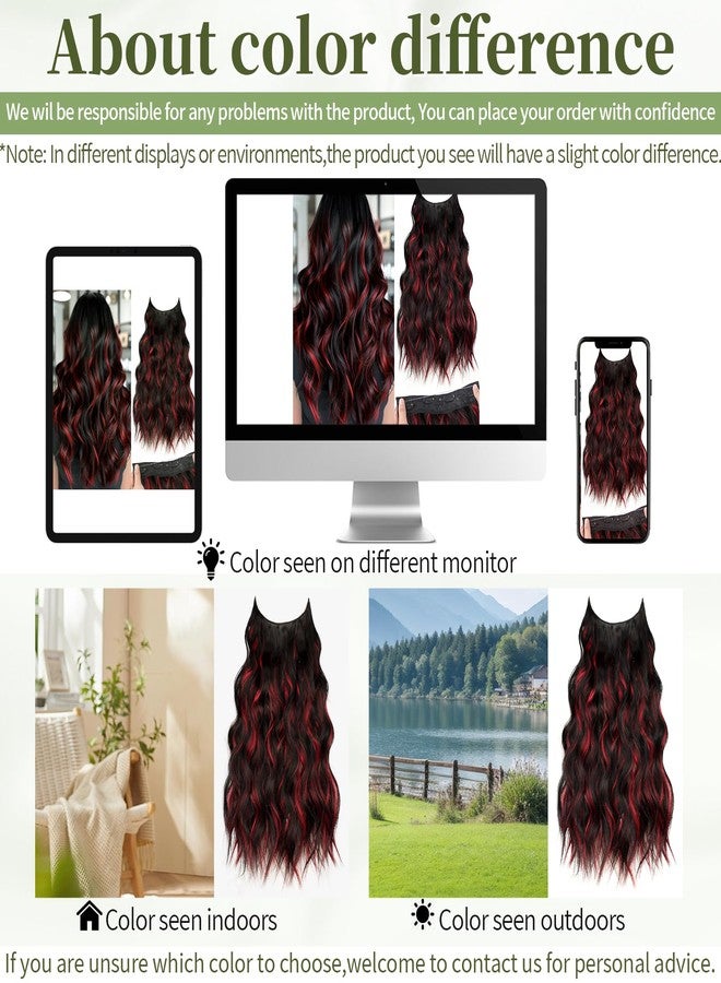 KooKaStyle Invisible Wire Hair Extensions with Transparent Headband Adjustable Size 4 Secure Clips Long Wavy Highlight Hairpiece 20 Inch Black and Red Streaks for Women - Image 4