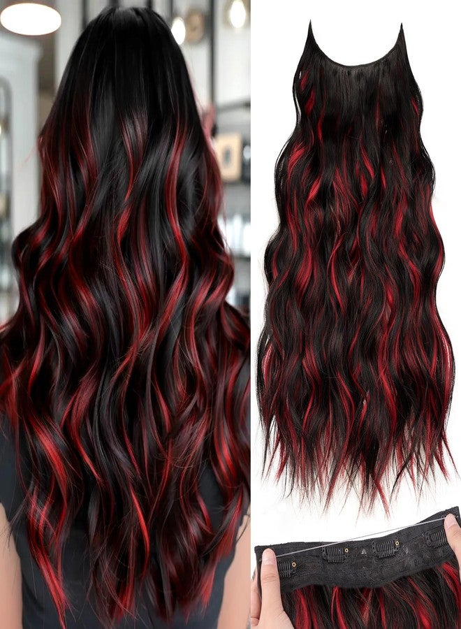 KooKaStyle Invisible Wire Hair Extensions with Transparent Headband Adjustable Size 4 Secure Clips Long Wavy Highlight Hairpiece 20 Inch Black and Red Streaks for Women - Image 1