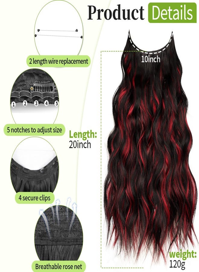 KooKaStyle Invisible Wire Hair Extensions with Transparent Headband Adjustable Size 4 Secure Clips Long Wavy Highlight Hairpiece 20 Inch Black and Red Streaks for Women - Image 2