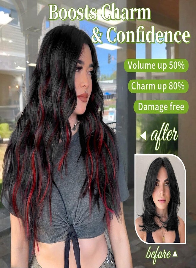 KooKaStyle Invisible Wire Hair Extensions with Transparent Headband Adjustable Size 4 Secure Clips Long Wavy Highlight Hairpiece 20 Inch Black and Red Streaks for Women - Image 3