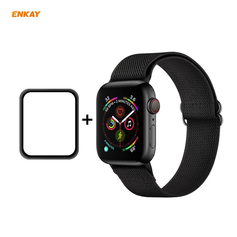 For Apple Watch Series 6/5/4/SE 40mm Hat-Prince ENKAY 2 in 1 Adjustable Flexible Polyester Wrist Watch Band + Full Screen Full Glue PMMA Curved HD Screen Protector(Black)