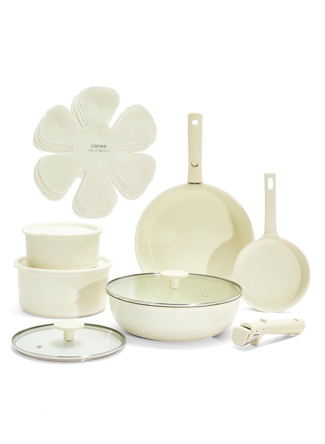 CAROTE 15 Piece Detachable Swiss Granite Cookware Set, Non-Stick, 1x16cm Frypan, 1x20cm Frypan, 1x16cm Saucepan, 1x20cm Saucepan with tempered glass lid, 1x26cm Deep Frypan with tempered glass lid, 1x16cm fridge lid, 1x20cm fridge lid, 2 handles, 4x Pan protector, Ice Cream Color  - Image 1