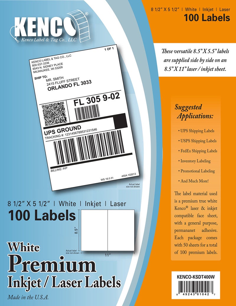 Kenco Premium White Address Shipping UPC Laser/Inkjet Labels Made in The USA (8.5" X 5.5" 100 Labels) - Image 1