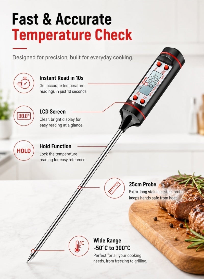 Leoxol Digital Cooking Thermometer 25cm | Instant Read LCD Food Probe | Hold Function Kitchen Thermometer | BBQ Grill Candy Milk Water Thermometer - Image 4