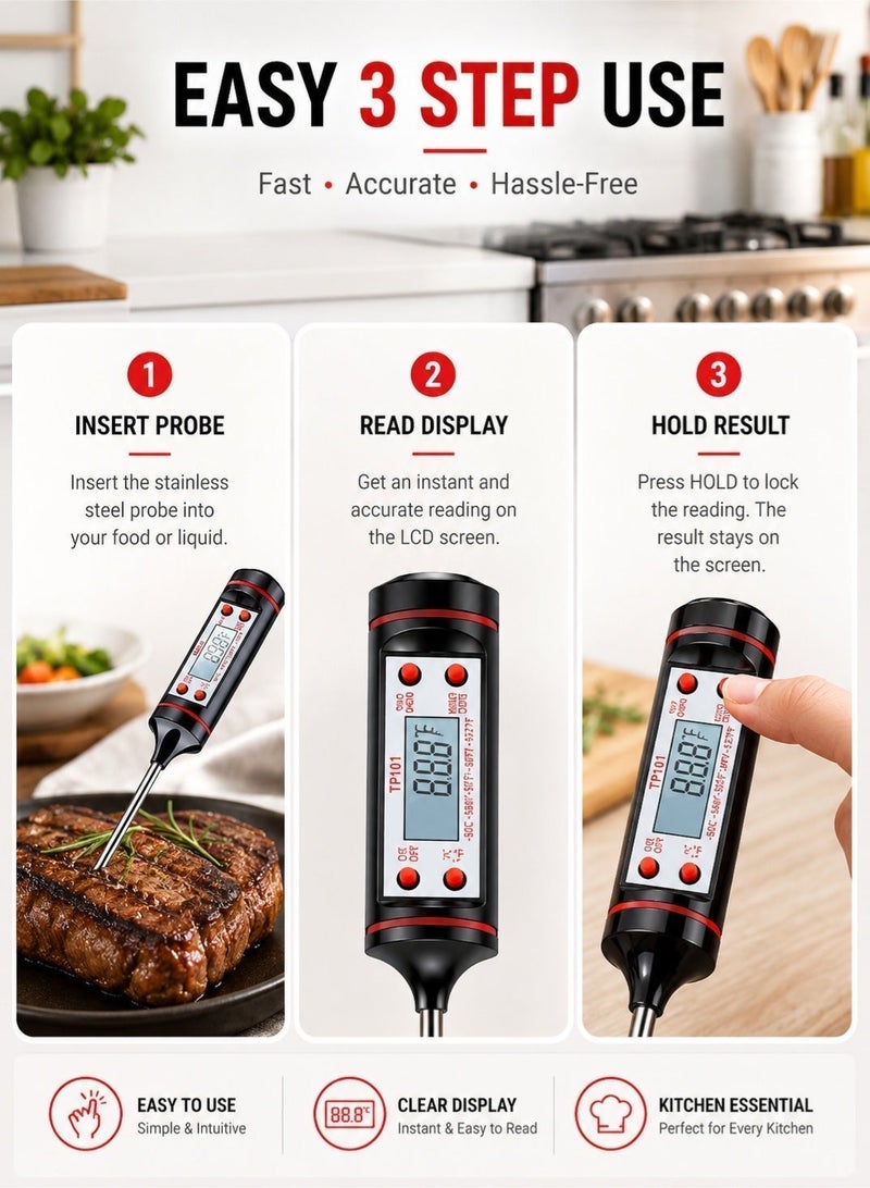 Leoxol Digital Cooking Thermometer 25cm | Instant Read LCD Food Probe | Hold Function Kitchen Thermometer | BBQ Grill Candy Milk Water Thermometer - Image 5