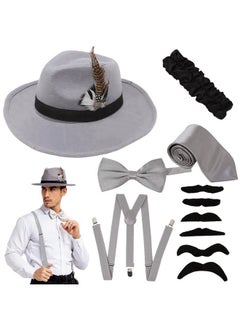 سبوكتاكيولار كريشنز إكسسوارات قبعات رجالية من Spooktacular Creations Manhattan من عشرينيات القرن الماضي، قبعة Gatsby Gangster Retro، ربطة عنق على شكل فراشة، طقم أزياء الهالوين (رمادي)  - Image 1