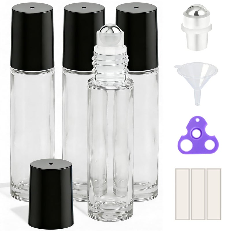 PrettyCare 4 Pack 10 ml Essential Oil Roller Bottles with Stainless Steel Roller Ball Refillable Leakproof Empty Thick Clear Glass Roll on Bottles with Black Caps for Travel Perfume - Image 3