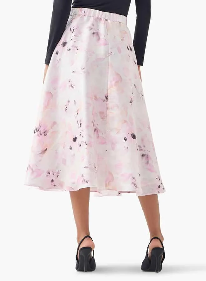 Iconic Iconic Floral Print Midi Skirt with Zip Closure