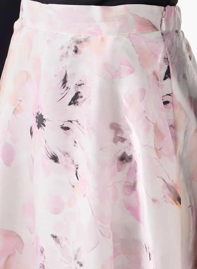 Iconic Iconic Floral Print Midi Skirt with Zip Closure