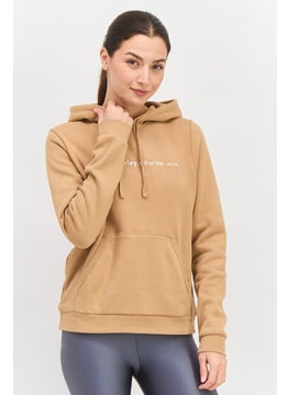 Women Hooded Embroidered Logo Long Sleeves Sweatshirt, Beige