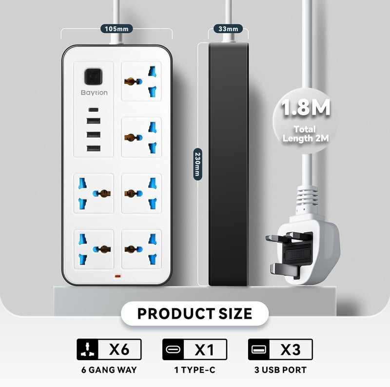 Baytion Extension Lead,Universal Electric Extension Cord with 3 Pin Socket,Extensions Cord with 6 Gang |3 USB Ports |1 Type-C Port,1.88 Meters Extension Power Cables for Home,Kitchen and Office(White) - Image 2