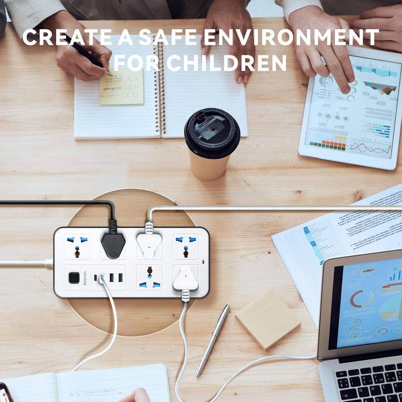 Baytion Extension Lead,Universal Electric Extension Cord with 3 Pin Socket,Extensions Cord with 6 Gang |3 USB Ports |1 Type-C Port,1.88 Meters Extension Power Cables for Home,Kitchen and Office(White) - Image 4