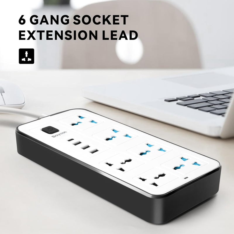 Baytion Extension Lead,Universal Electric Extension Cord with 3 Pin Socket,Extensions Cord with 6 Gang |3 USB Ports |1 Type-C Port,1.88 Meters Extension Power Cables for Home,Kitchen and Office(White) - Image 5