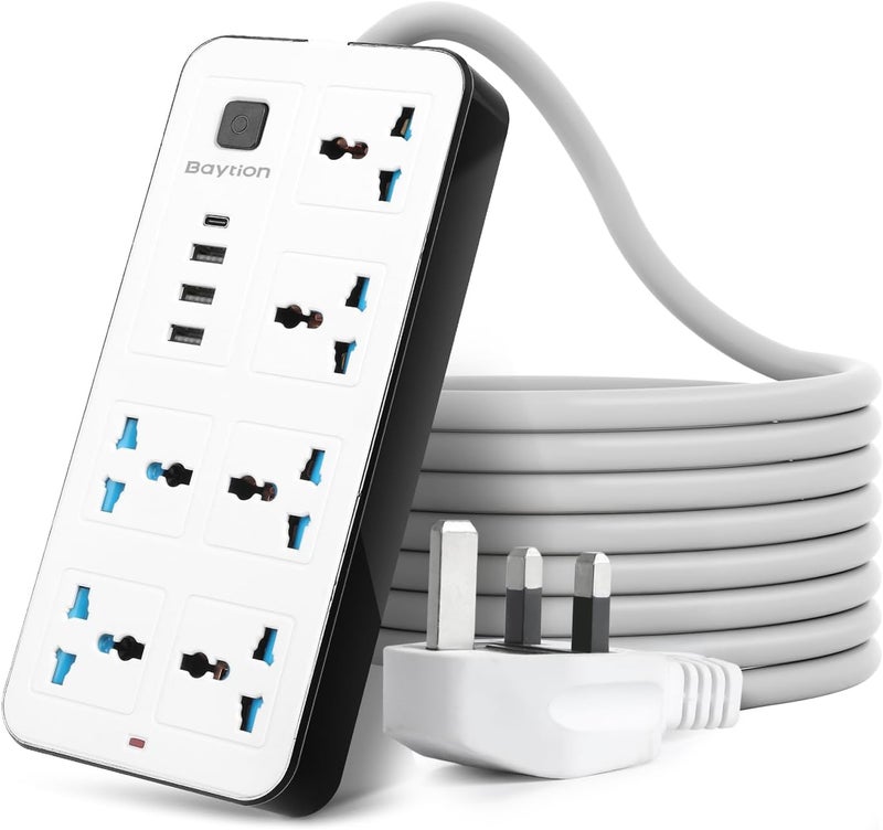 Baytion Extension Lead,Universal Electric Extension Cord with 3 Pin Socket,Extensions Cord with 6 Gang |3 USB Ports |1 Type-C Port,1.88 Meters Extension Power Cables for Home,Kitchen and Office(White) - Image 1