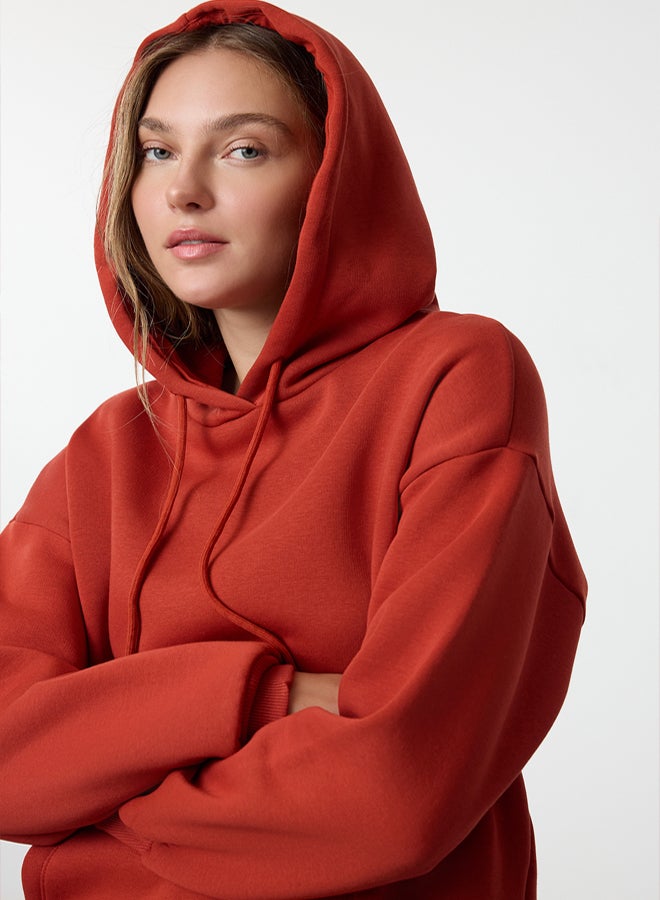 trendyol Fleece Brick Color Oversize Hooded Knitted Sweatshirt - Image 1