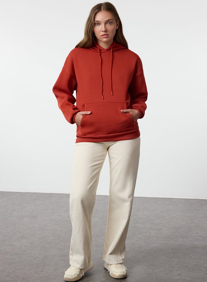 trendyol Fleece Brick Color Oversize Hooded Knitted Sweatshirt - Image 2