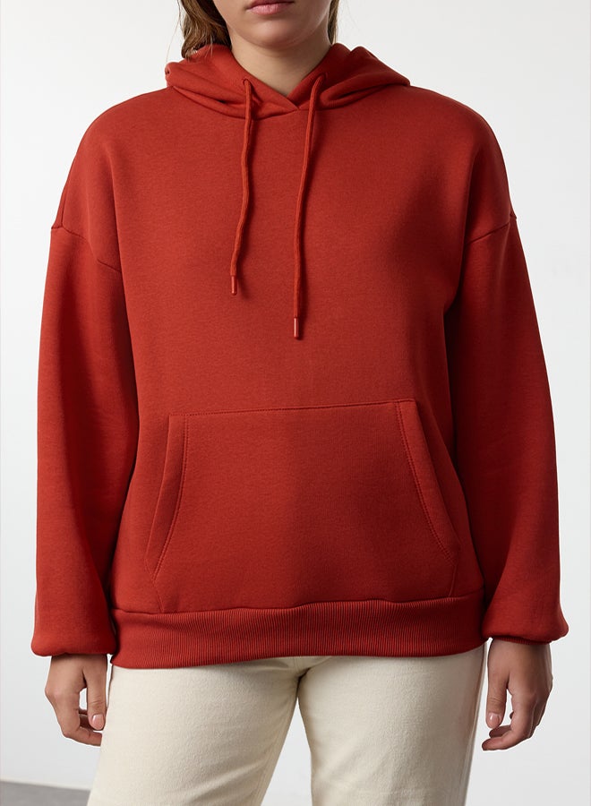 trendyol Fleece Brick Color Oversize Hooded Knitted Sweatshirt - Image 4