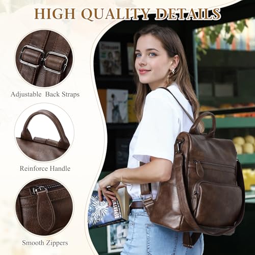 RAVUO Anti Theft Backpack Purse for Women, PU Leather Designer Convertible Shoulder Bag Three Ways to Carry Coffee - Image 3