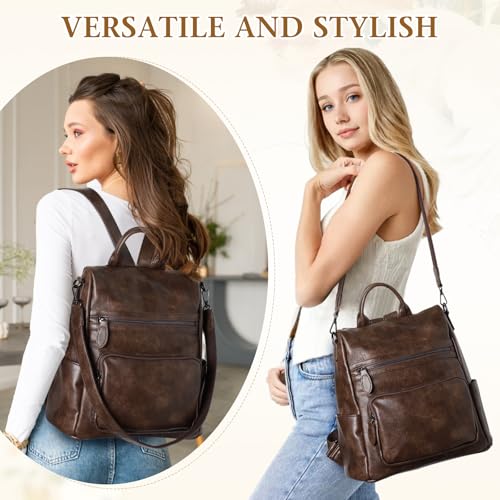 RAVUO Anti Theft Backpack Purse for Women, PU Leather Designer Convertible Shoulder Bag Three Ways to Carry Coffee - Image 5