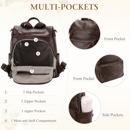 RAVUO Anti Theft Backpack Purse for Women, PU Leather Designer Convertible Shoulder Bag Three Ways to Carry Coffee - Image 4
