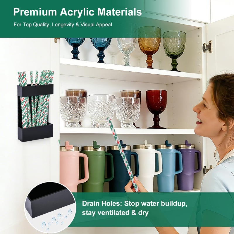 BERBAM 2 PACK Small Acrylic Straw Holder for Cabinet Doorsï¼ŒStraw Organizer Storage with Most Sizesï¼ŒMulti-Function Kitchen Accessories Container with Adhesive Round Pads(whtie) - Image 3