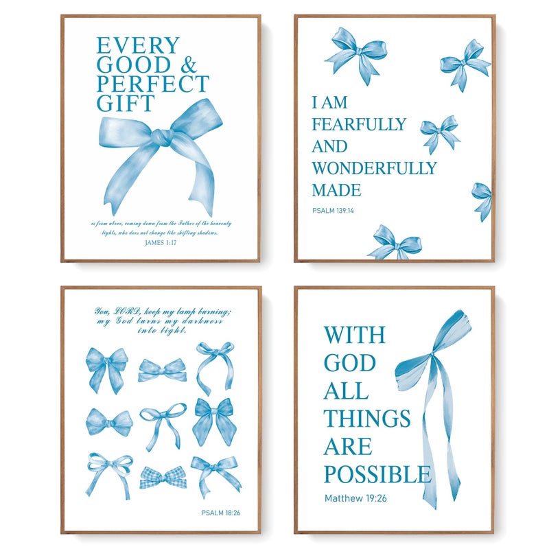 LARTSFRO Coquette Blue Bow Bible Wall Art Decor Poster, Blue Bow Bathroom Decor, Aesthetic Teen Girl Living Room Bathroom Decor, Trendy Gifts for Women Teens Teen Girls, 10x8 Inch Set of 4 Unframed - Image 1