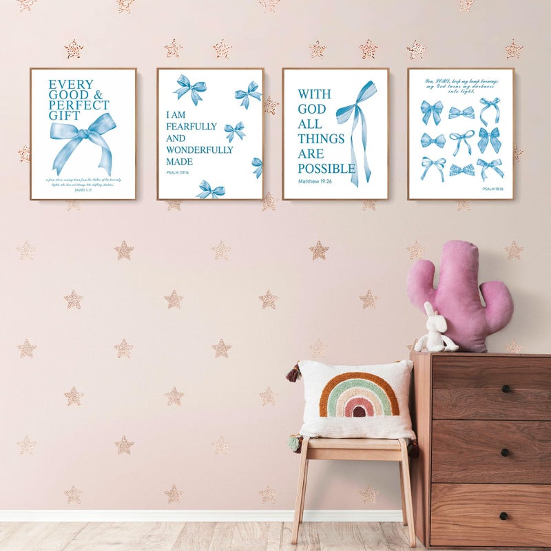LARTSFRO Coquette Blue Bow Bible Wall Art Decor Poster, Blue Bow Bathroom Decor, Aesthetic Teen Girl Living Room Bathroom Decor, Trendy Gifts for Women Teens Teen Girls, 10x8 Inch Set of 4 Unframed - Image 3
