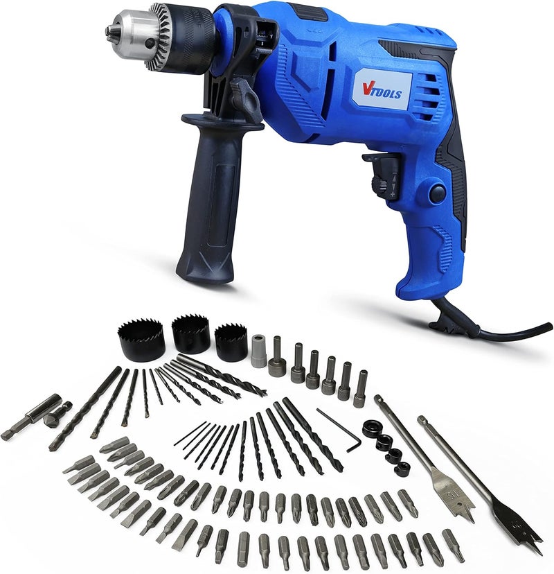 VTOOLS 650 Watt Impact Drill With 5 Piece Concrete Drill Bit Set, Multi-Function (Hammer And Drill), 360°Rotating Side Handle, Guide Ruler, & Variable Speed, Blue - Image 1