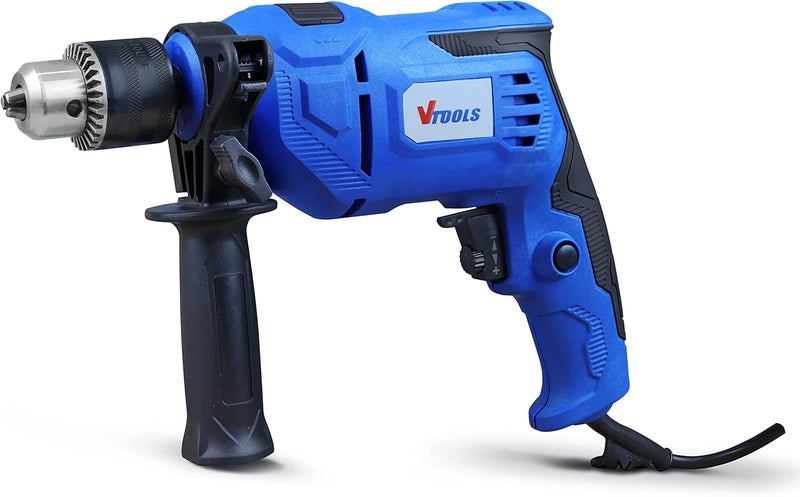 VTOOLS 650 Watt Impact Drill With 5 Piece Concrete Drill Bit Set, Multi-Function (Hammer And Drill), 360°Rotating Side Handle, Guide Ruler, & Variable Speed, Blue - Image 3