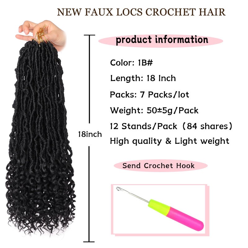 Xtrend 18 Inch New Faux Locs Crochet Hair With Curly Ends 7 Packs Soft Locs Nu Locs Crochet Hair Pre-looped Goddess Locs Natural Black Synthetic Crochet Braiding Hair for Women (12Strands/pack 1B#) - Image 2