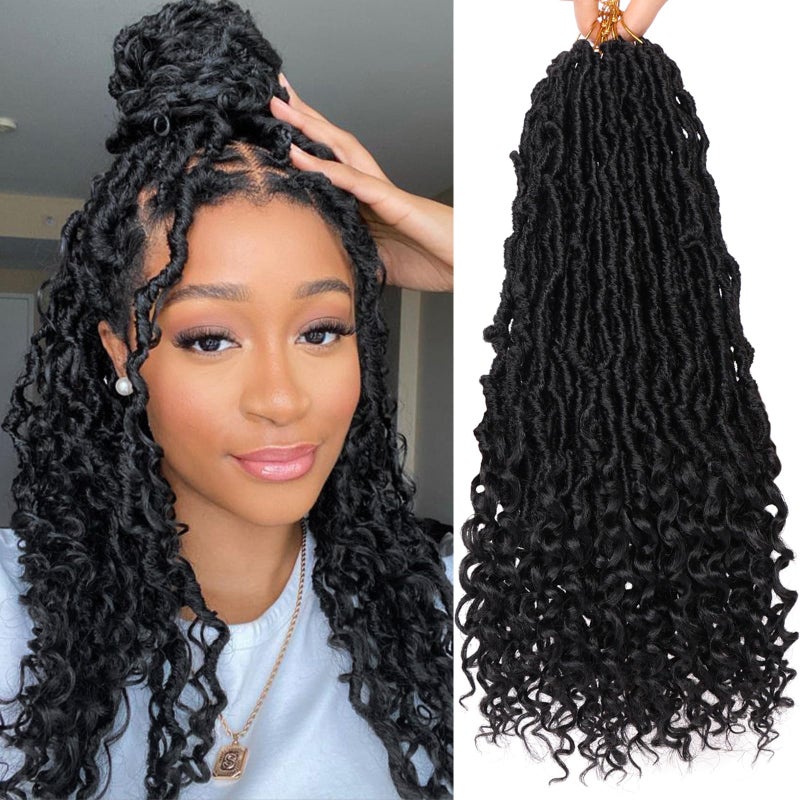 Xtrend 18 Inch New Faux Locs Crochet Hair With Curly Ends 7 Packs Soft Locs Nu Locs Crochet Hair Pre-looped Goddess Locs Natural Black Synthetic Crochet Braiding Hair for Women (12Strands/pack 1B#) - Image 1