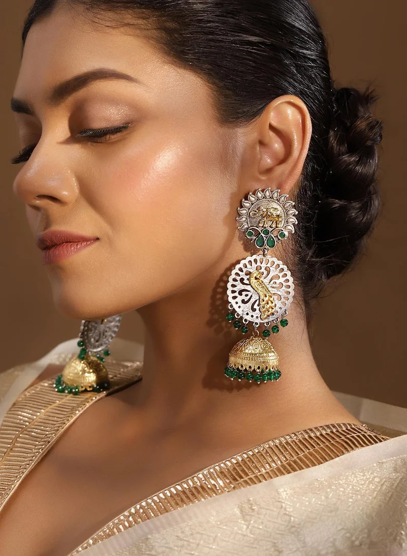 ISHIN Green Colour Metallic Grey Plated Jhumka Earring