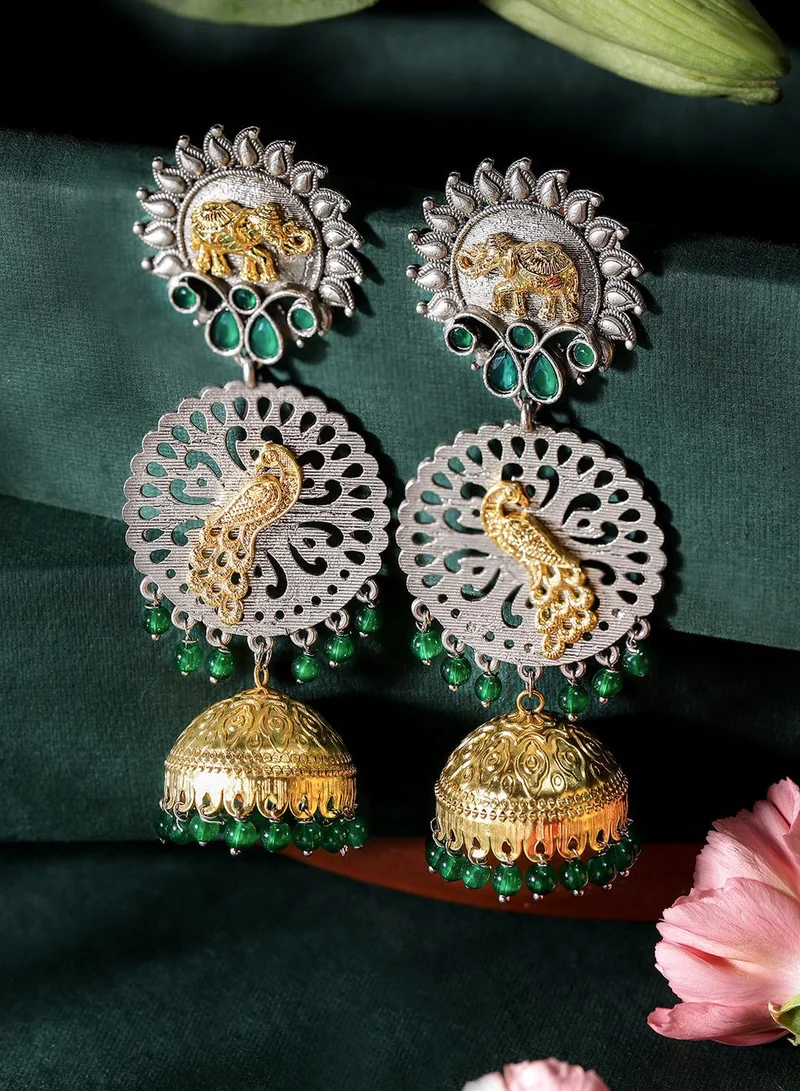 ISHIN Green Colour Metallic Grey Plated Jhumka Earring