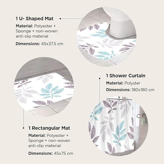 Kuber Industries Kuber Industries Shower Curtain & Bathmat Set | Non-Slip Bath mats for Bathroom | Easy-Slide Curtains | Polyester Curtain or Bathmat for Bath Décor | XTL443-3T | 3 Pcs Set | Multicolor  - Image 2