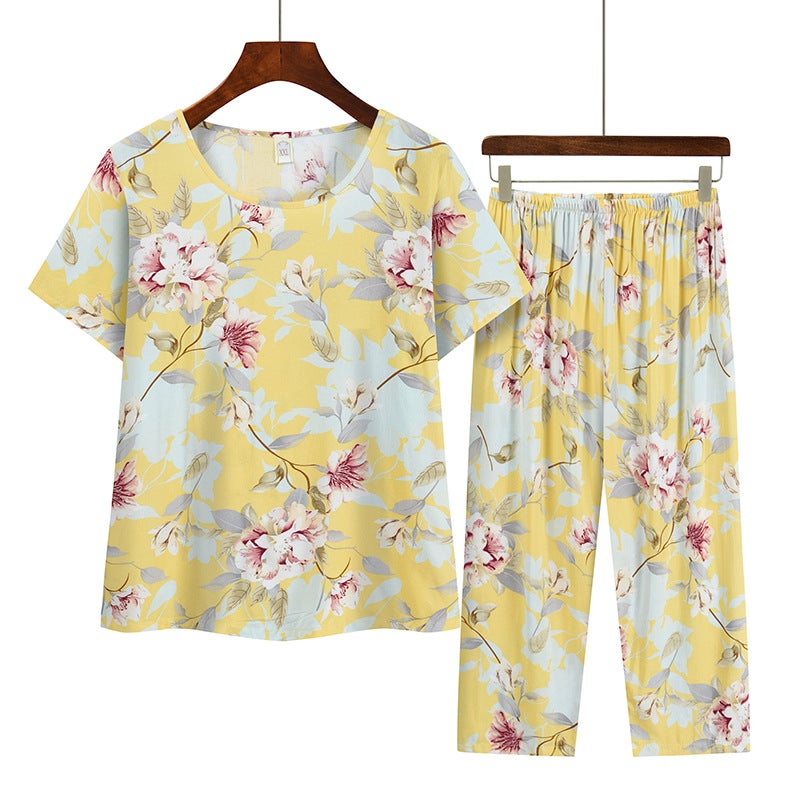 Mothers Round Neck Printed Top Womens Summer Cotton Silk Suit Middle-aged and Elderly Short-sleeved Capri Pants Two-piece Set for Outer Wear No. 2 color