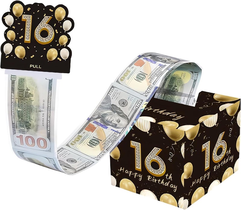 Mienocol 16th Birthday Money Box for Cash Gift,Black Gold Pull Surprise Money Gift Box for Boys and Girls 16th Birthday Presents,Birthday Gift Money Box Money Presentation Box for Cash Gifts Birthday - Image 1