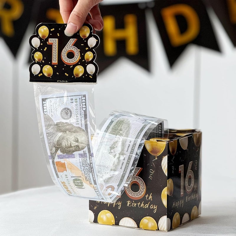 Mienocol 16th Birthday Money Box for Cash Gift,Black Gold Pull Surprise Money Gift Box for Boys and Girls 16th Birthday Presents,Birthday Gift Money Box Money Presentation Box for Cash Gifts Birthday - Image 3
