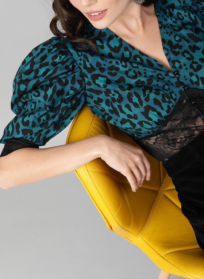 كاجوالي توب قصير بطبعات فهد وأكمام منفوشة ورباط من كاسواللي - Image 5