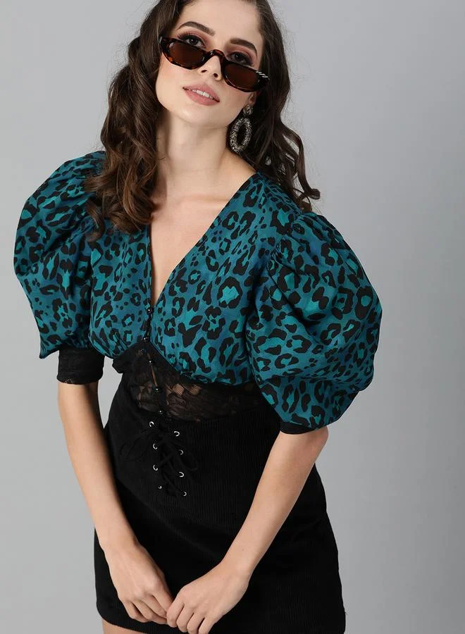 Kassually Kassually Leopard Printed Puff Sleeves Lace Insert Crop Top